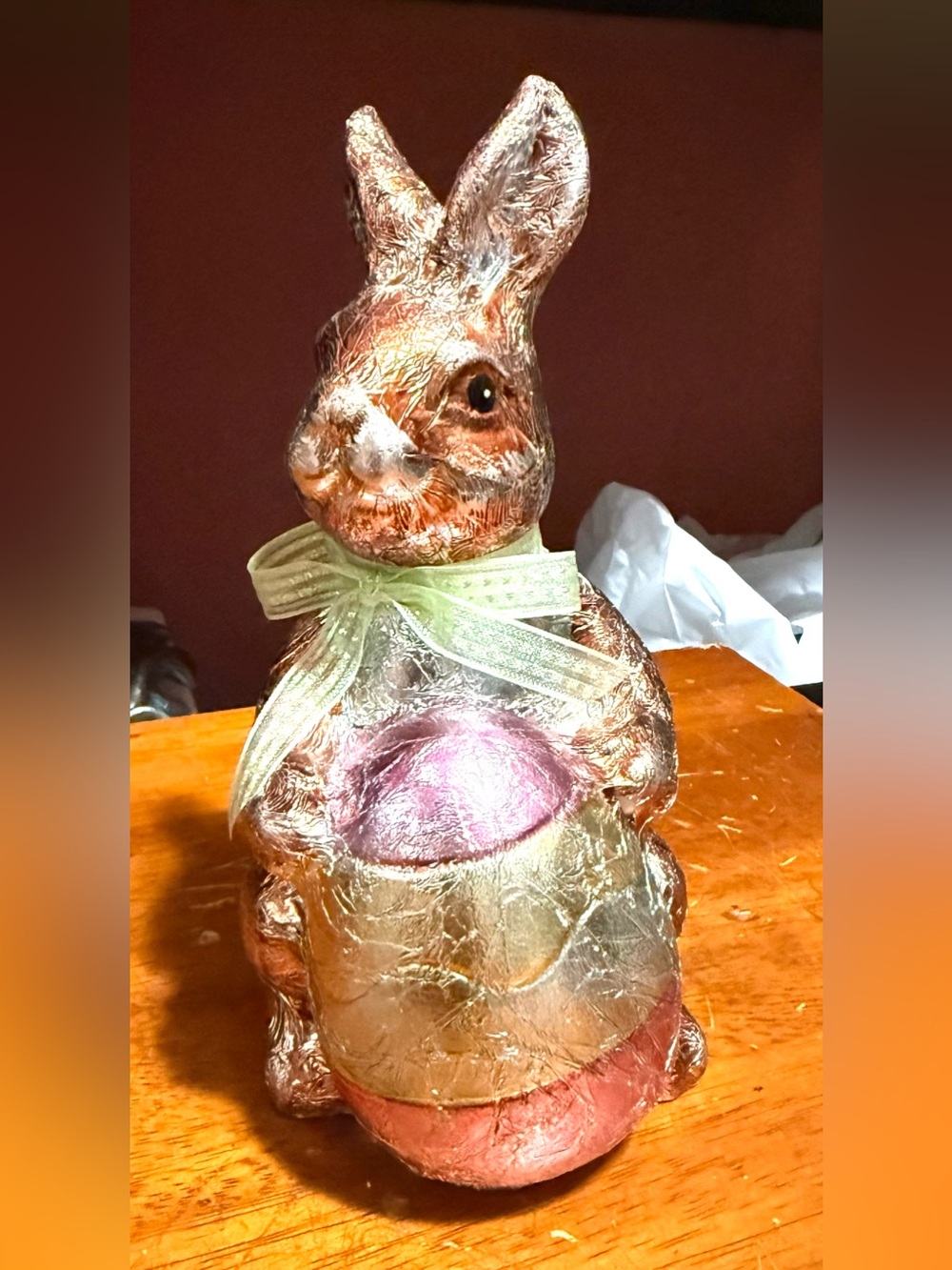 Easter Bunny Rabbit with Egg,Faux Foil Wrapped Chocolate Tabletop Figurine